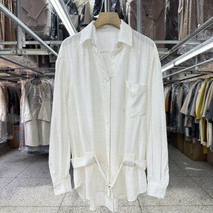 蕾丝边卡腰带衬衫女夏新款宽松棉质精致舒适透气长袖洋气防晒衬衣