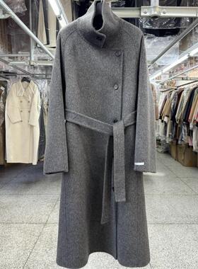 灰咖色立领双面羊毛大衣女中长款秋冬季新款韩版 A型系带毛呢外套