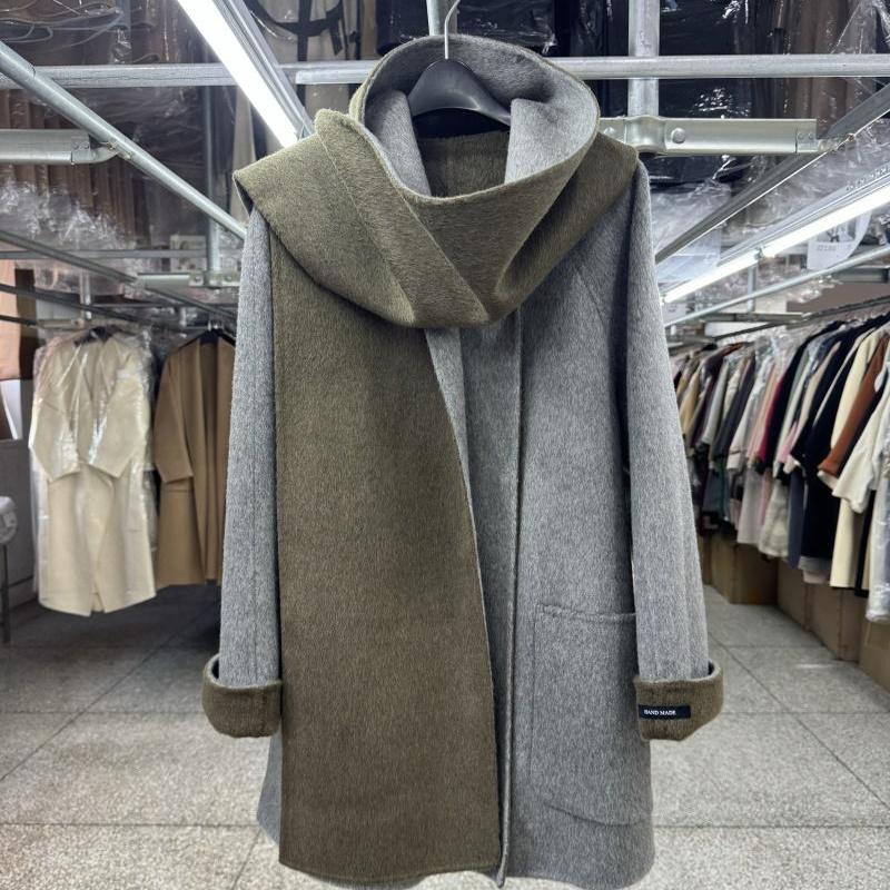 围巾款双面羊毛大衣女短款秋冬新款韩版宽松撞色气质圆领毛呢外套