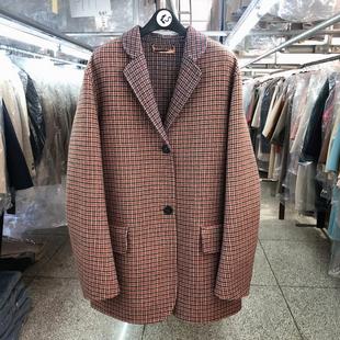 客供面料千鸟格双面羊毛大衣女短款小个子宽松复古男友风毛呢外套