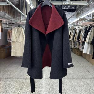 拼色立领双面羊毛大衣女短款小个子秋冬新款宽松系带简约毛呢外套