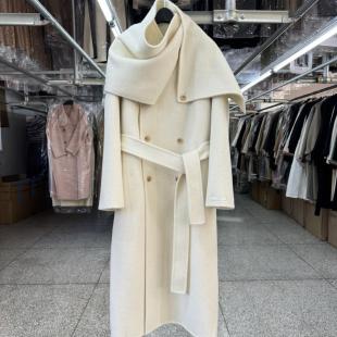 韩国高端双面羊毛羊绒兔毛大衣时尚 双排扣毛呢外套女 大围巾长绒款