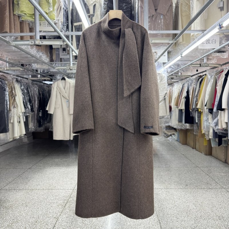牦牛绒法式优雅拿铁咖啡色立领双面羊毛大衣女中长款宽松毛呢外套