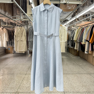 无袖衬衫款连衣裙女长款夏新款显瘦气质亚麻舒适通气平纹翻领裙子
