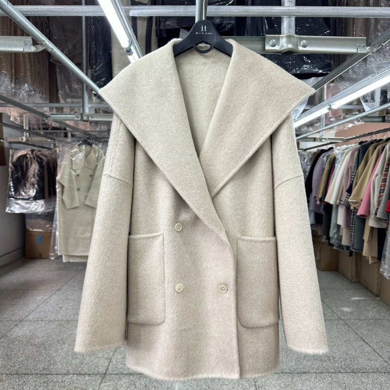 连帽双面羊毛大衣女短款25年新款慵懒风水貂毛系带双排扣毛呢外套