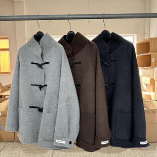 立领牛角扣双面羊毛大衣女中长款小个子秋冬新款韩版宽松毛呢外套