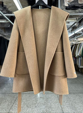 连帽短款小个子双面羊毛大衣女短款新款韩版宽松简约系带毛呢外套