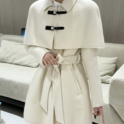 2025秋冬新款韩版斗篷披肩式气质中长款羊毛外套女双面羊绒大衣