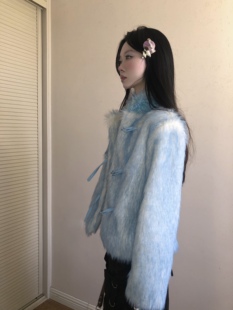 搭扣染尖蓝托卡拼接柔软狐狸毛仿皮草大衣外套 新款 Blue原创 冬季