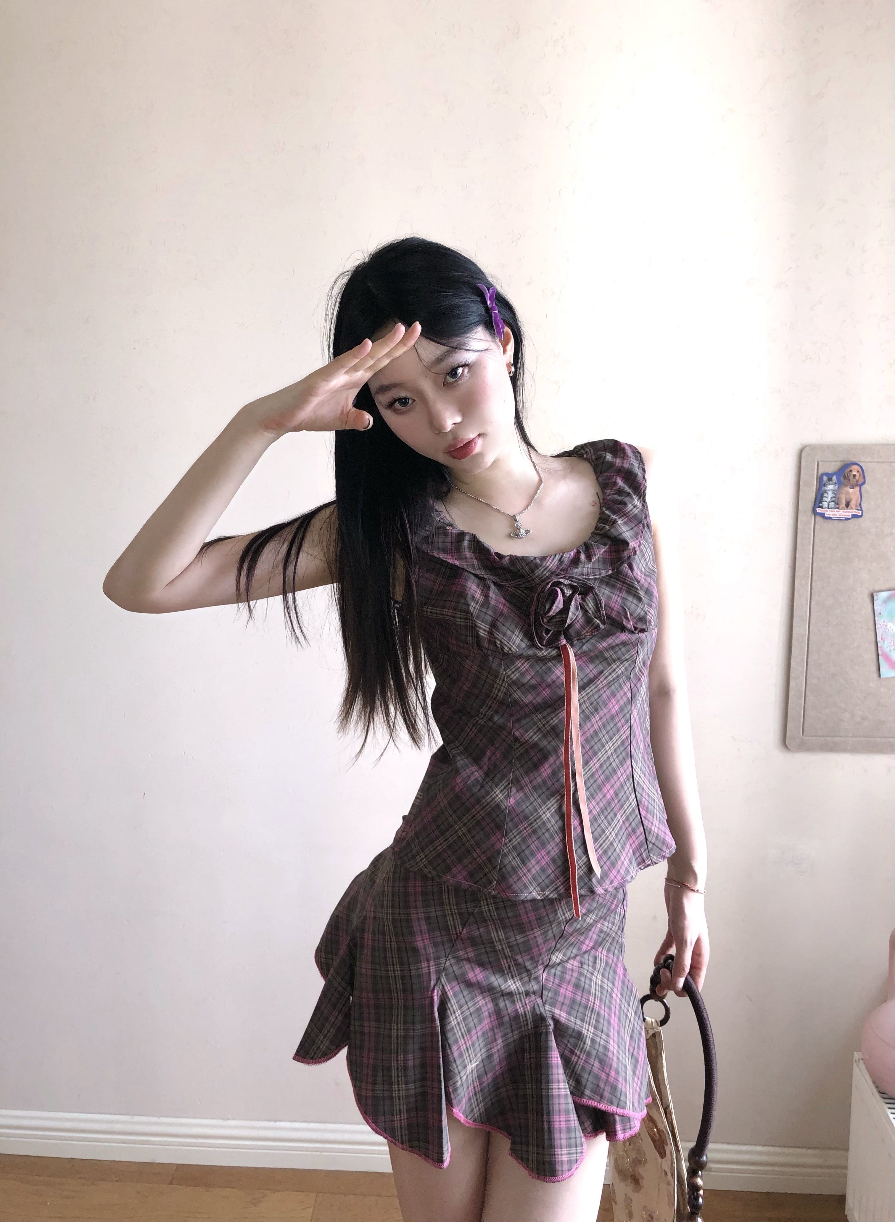 Blue原创设计甜美少女格纹背心收腰上衣不规则剪裁裙边辣妹短裙