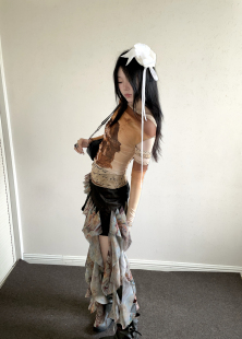 上衣 显瘦斜肩薄款 Blue自制复古印花网纱一字肩镂空T恤女夏季 修身