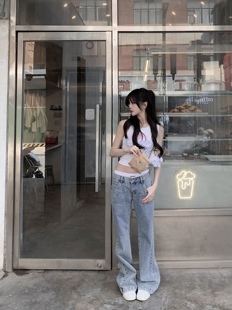 ROUGE DIAMOND牛仔裤的夏天/bm少女做旧复古蓝中低腰直筒牛仔裤