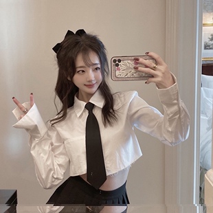 DIAMOND美式 纯棉领带白衬衫 校园辣妹 露脐长袖 毛边短款 ROUGE
