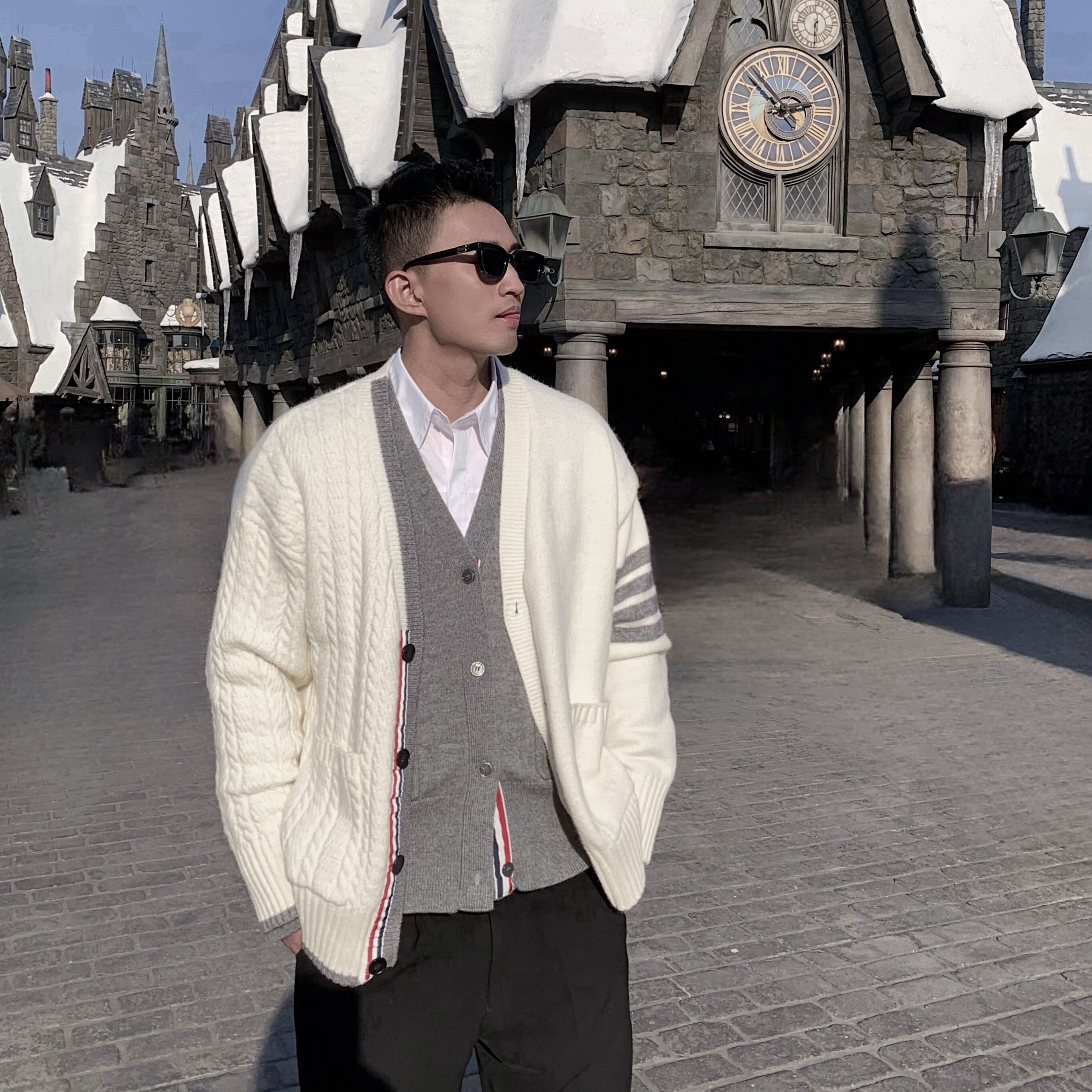 ROUGE DIAMOND tb家灰白拼色粗棒针织宽松麻花毛衣外套男女同款