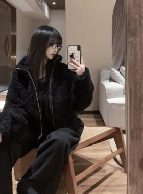 ROUGE DIAMOND温暖摇粒绒/立领加厚羊羔绒毛毛外套/黑