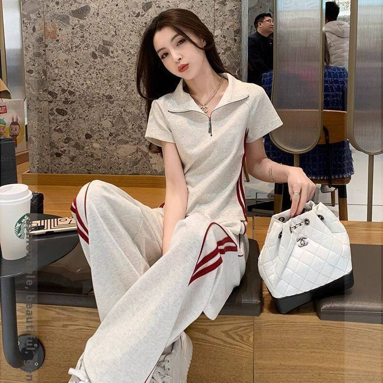 夏季薄款韩版时尚套装女减龄洋气POLO领休闲运动阔腿裤短袖两件套