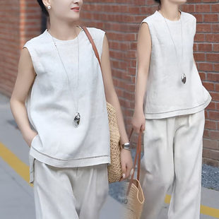 夏天穿搭配一整套装时尚无袖背心马甲女高腰显瘦阔腿裤苎麻两件套