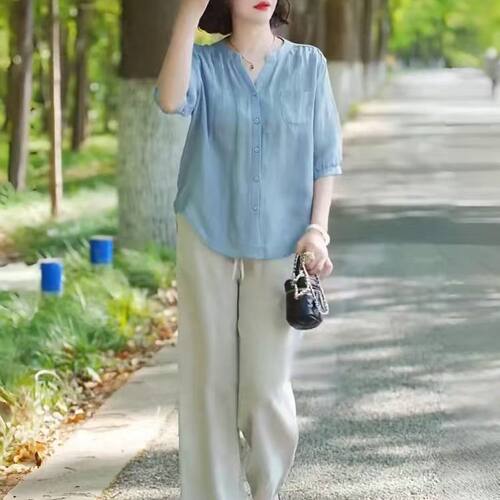 夏季国风妈妈减龄衬衫阔腿套装
