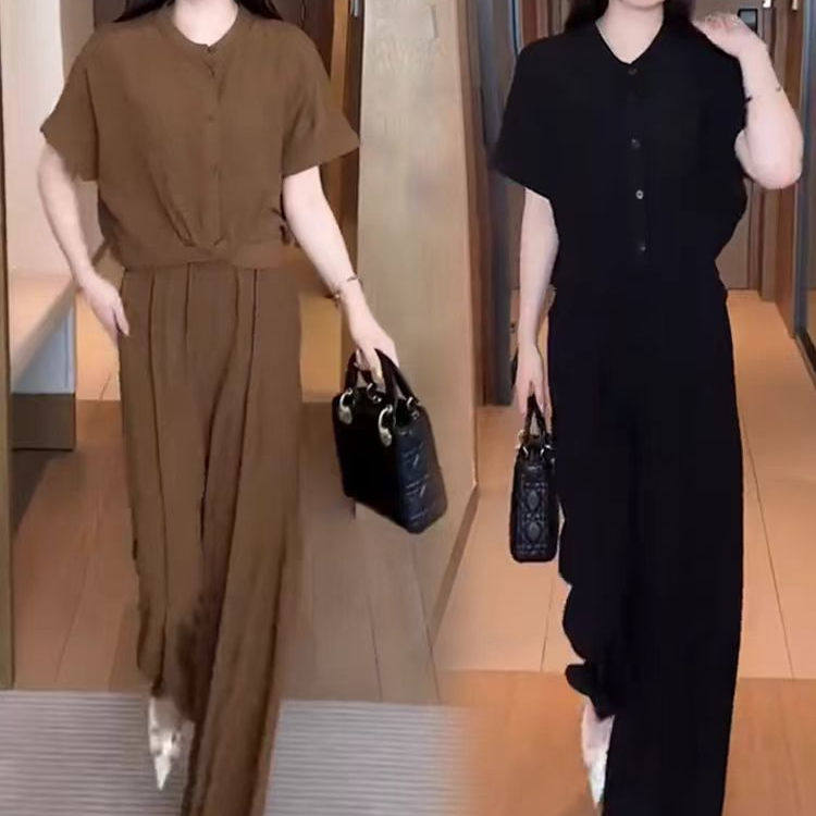 冰丝时尚套装女2025夏季新款洋气宽松显瘦遮肚子短袖阔腿裤两件套
