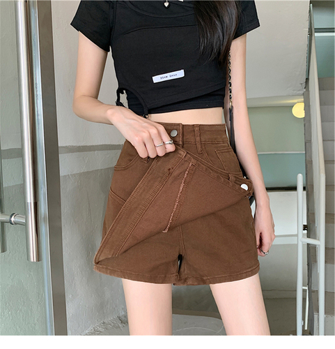 Non real shot Brown Denim half length pants Female Minority High Waist thin tooling style A-line shorts