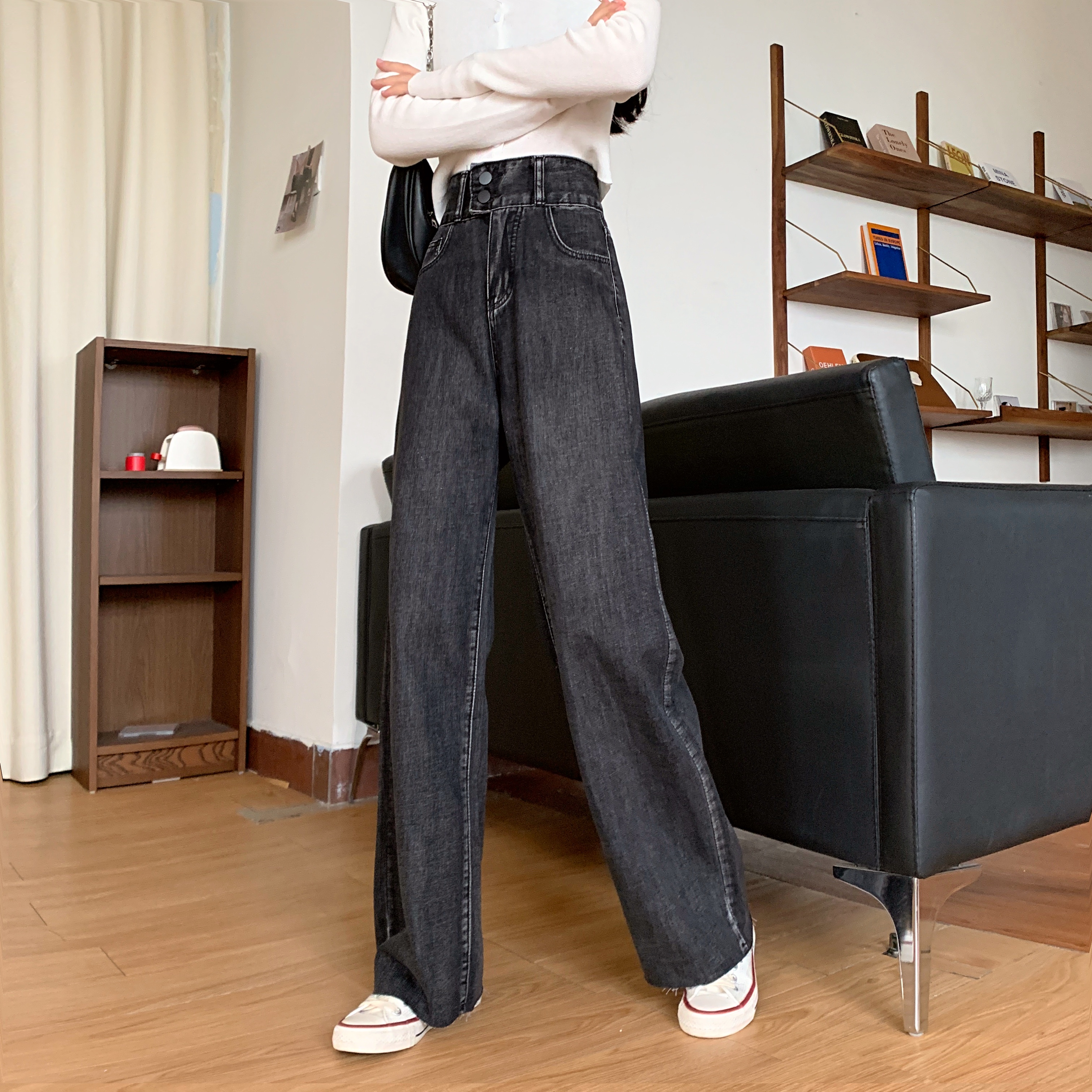 C26 real shot autumn and winter oversized jeans women's high waisted slim wide leg pants loose straight casual pants