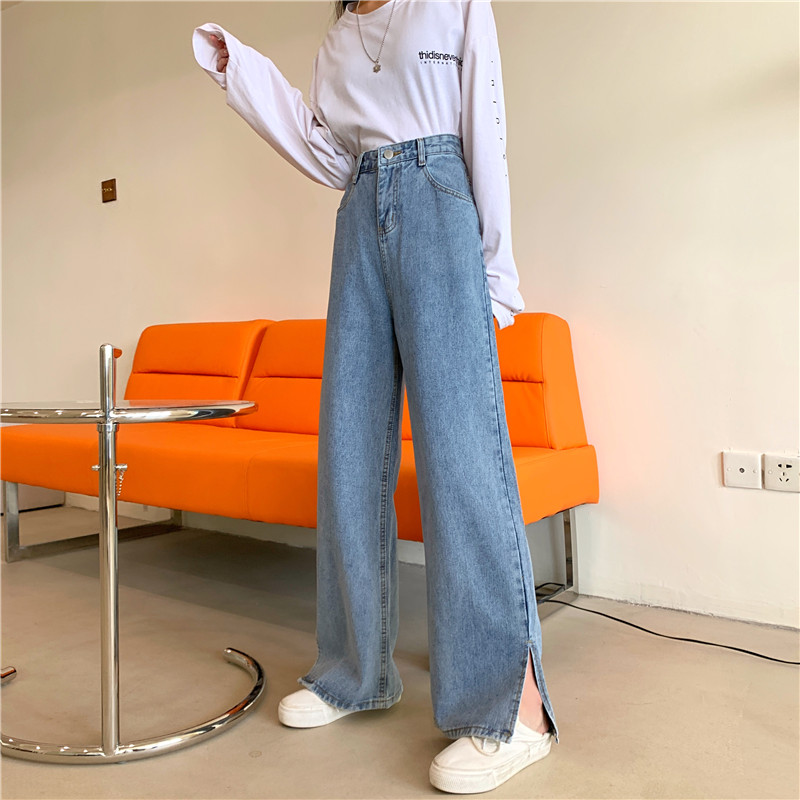 Real shot spring and summer large size loose wide leg pants SLIM STRAIGHT JEANS slit pants women