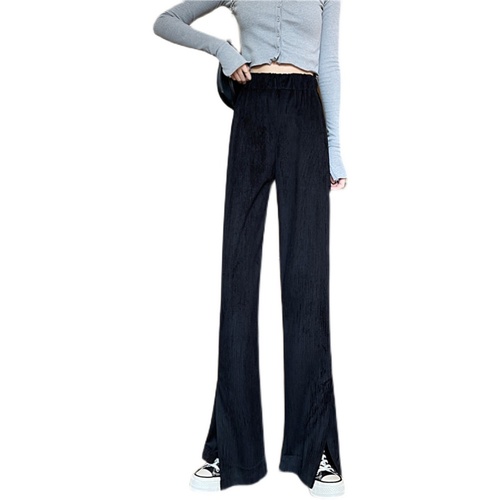 Real shot spring and autumn new style split wide leg pants high waist straight pants vertical horn wick flannel pants