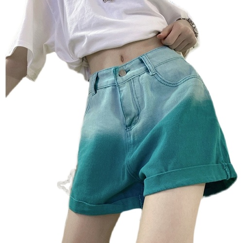 Non real shot spring and summer gradient denim shorts women's loose high waist design feeling thin hot pants fashion