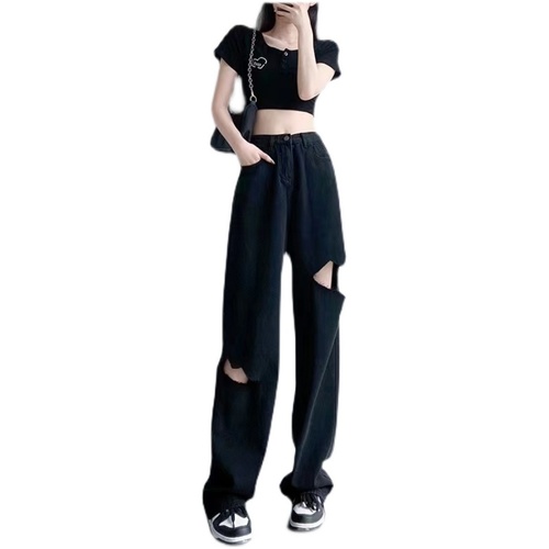 Non real shot spring and autumn black pierced jeans women's loose straight wide leg pants high waist thin pants