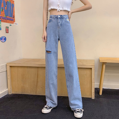 Off the shoot summer loose hole denim Korean high waist versatile straight tube show thin wide leg mops