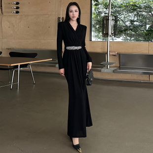 高腰V领长袖 显瘦包臀性感名媛紧身优雅连衣裙 宴会礼服鱼尾裙修身