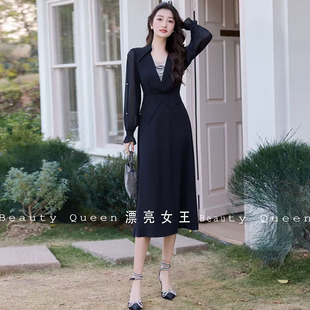 春季新款收腰显瘦时尚翻领黑色法式中长款连衣裙长袖修身型大摆裙