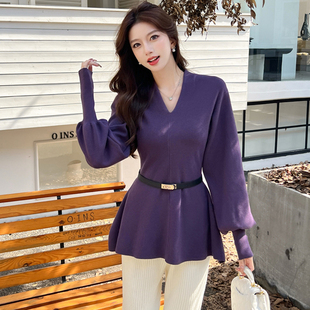 温柔风修身型中长款灯笼袖毛衣上衣加厚保暖打底衫收腰荷叶边女装