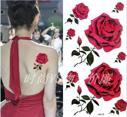 纹身贴防水女欧美红玫瑰诱惑性感持久疤痕满10元包邮满十张送一张