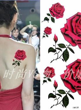 纹身贴防水女欧美红玫瑰诱惑性感持久疤痕满10元包邮满十张送一张