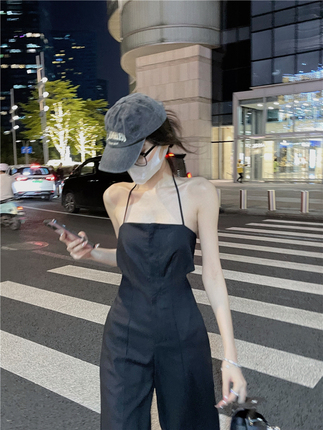 Strappy Halter Jumpsuit with One-Shoulder Design, Large Backless Cutout, Sexy and Stylish Wide-Leg Pants with Drapey Feel, Long Pants for Women, Summer