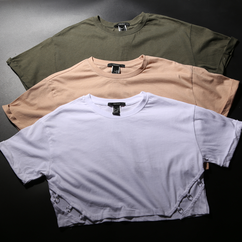 欧美夏季宽松短款运动短袖女纯棉舒适圆领跑步健身服显瘦运动上衣