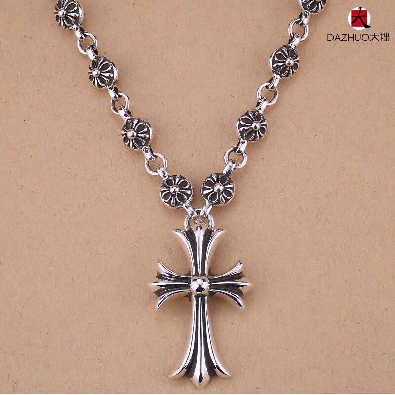 thumbnail for S925 sterling silver big clumsy cross set solid beads thick ball necklace Zhou Baihao same retro men's trend