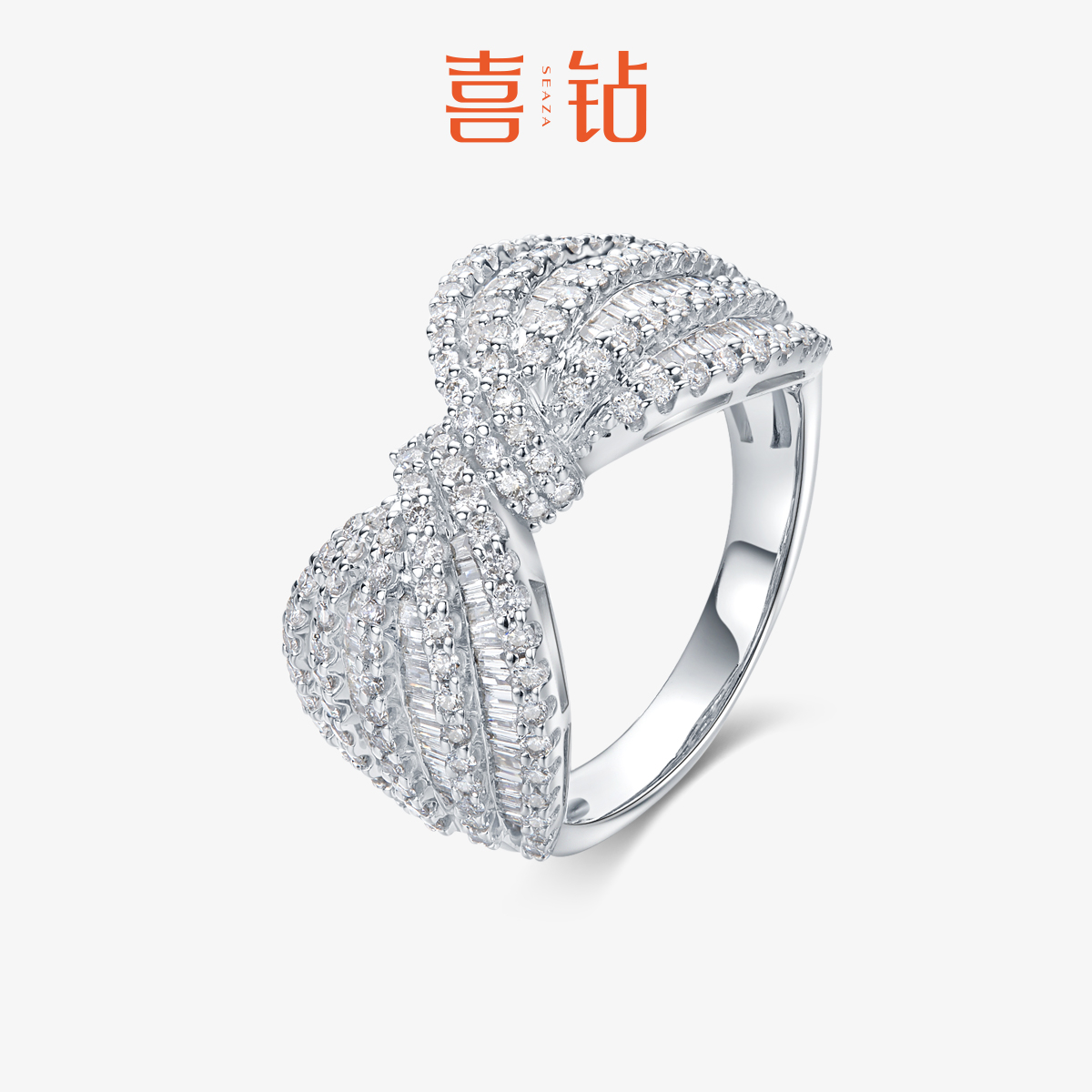 喜钻白18K金钻戒女甜美少女心蝴蝶结梯方奢华群镶订婚戒指求婚戒