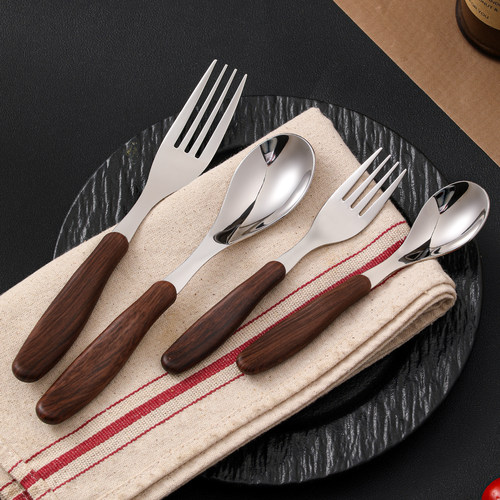 304不锈钢勺子叉子套装仿木手柄餐勺家用甜品勺儿童吃饭专用调羹