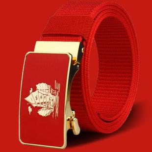 蛇年新款帆布休闲自动扣红皮带男士本命年喜庆红腰带男款编织裤带