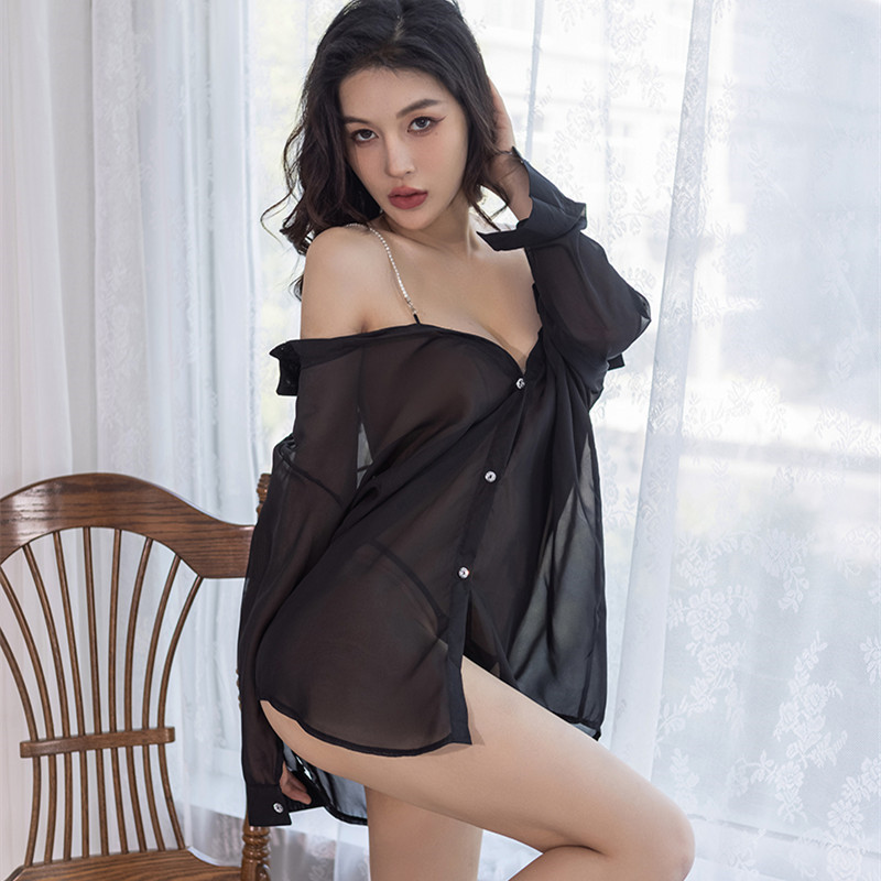 吊带透明性感睡衣女雪纺衬衫纯欲风夏季宽松纯白男友风衬衫家居服