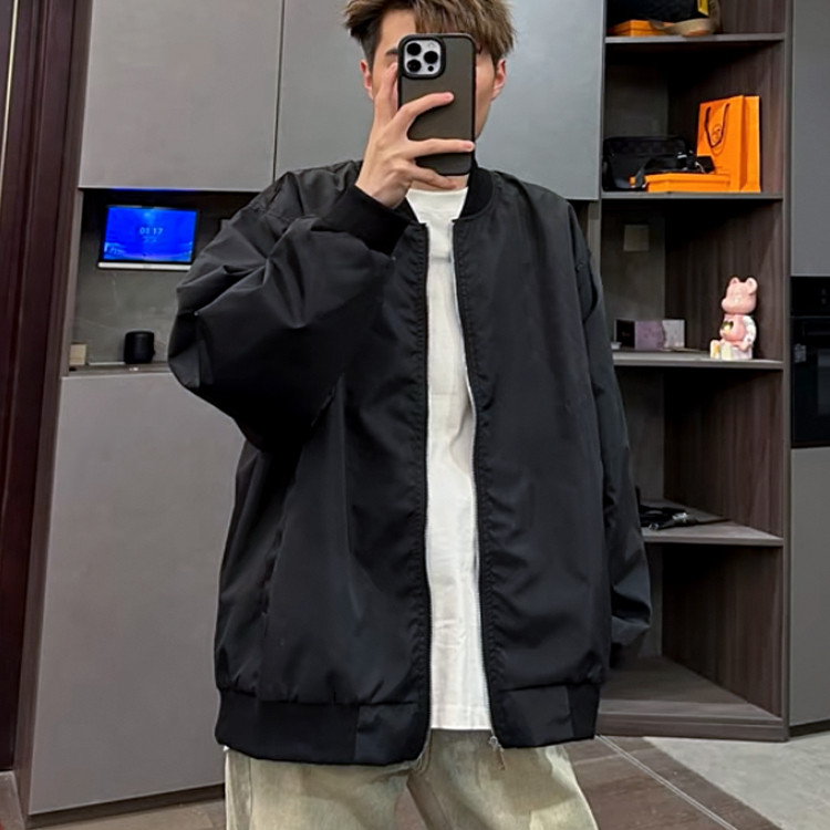 美式高街黑色工装夹克男网红宽松纯色棒球服休闲潮牌百搭上衣外套