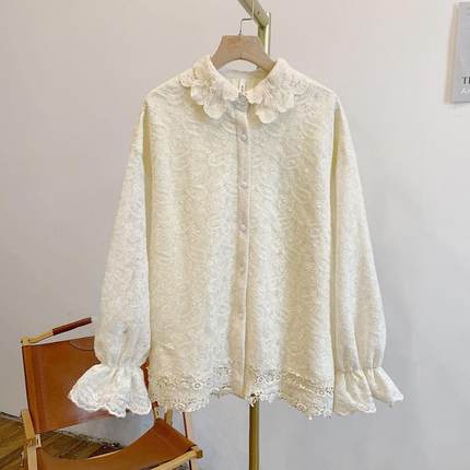 水芙蓉】【内里里衬】刺绣荷叶领下摆刺绣花边泡泡袖衬衣XW0016