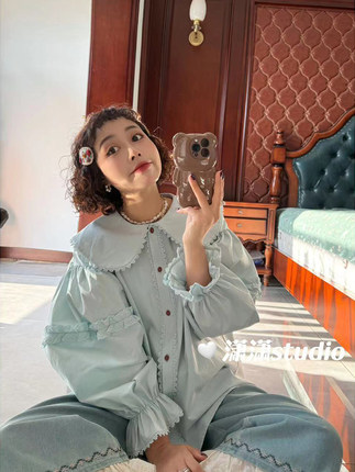 【薄荷甜心2025年春秋新款宽松娃娃领蕾丝花边泡泡袖衬衣XW933