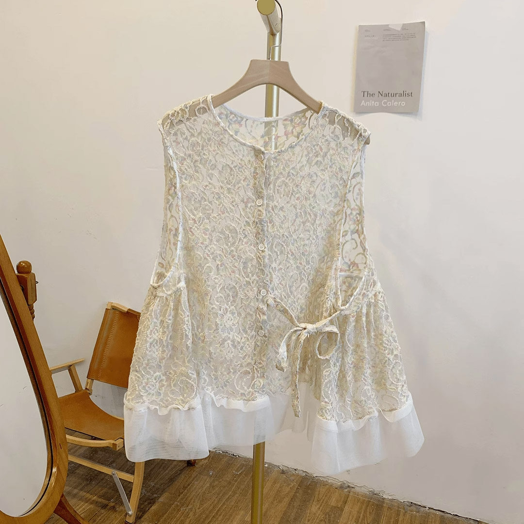 C0375蕾丝荷叶边腰侧系带圆领开衫马甲