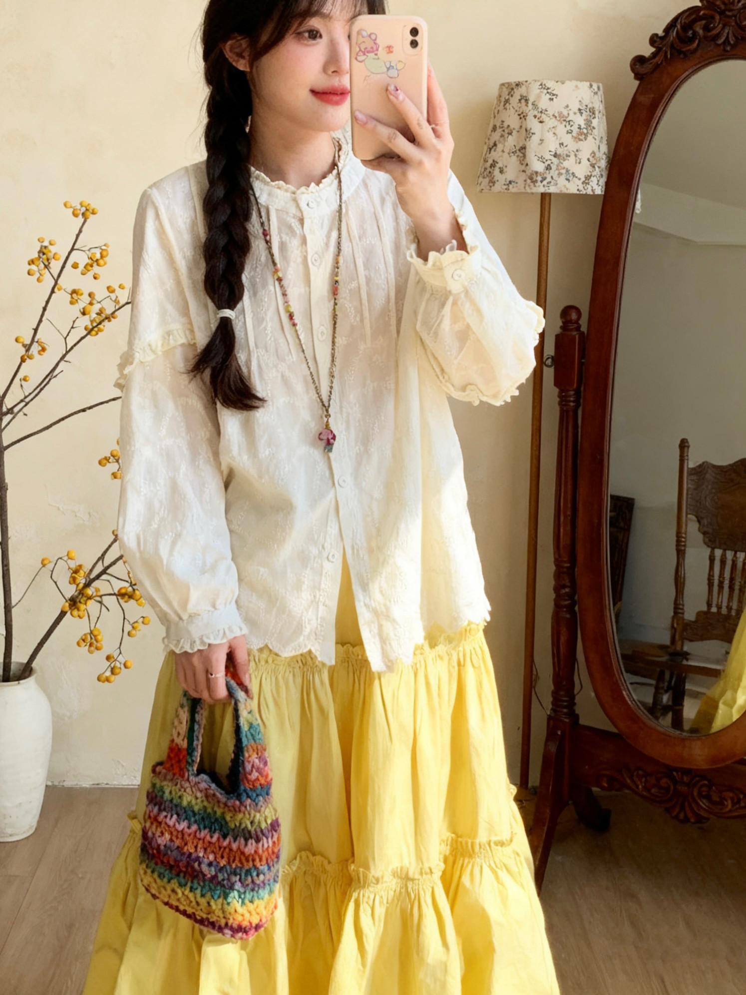 2026早春糖果风蕾丝提花衬衫女长袖纯棉立领甜美上衣