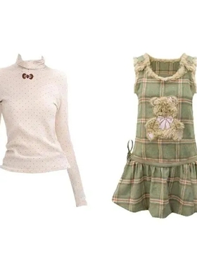 秋冬季美式设计感绿色格纹毛绒小熊兜兜下摆背心连衣裙女