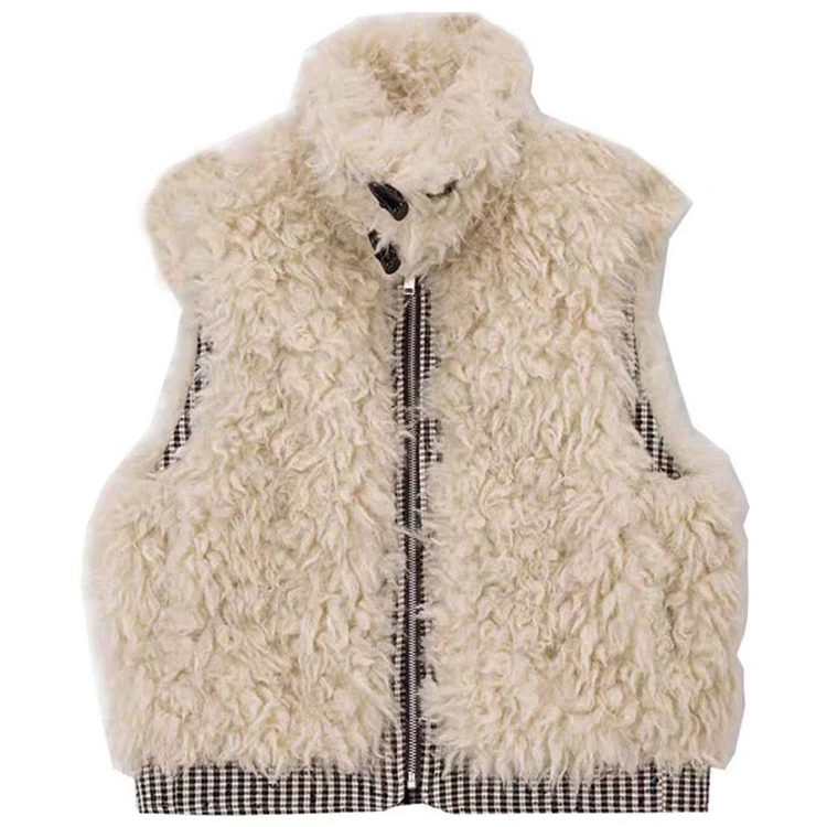 日系复古格纹双面穿高领马甲女