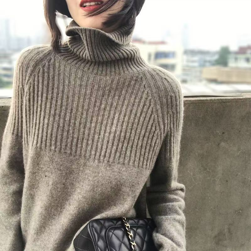 毛衣羊毛衫女秋冬新款加厚宽松慵懒高领半身抽条纯色针织衫打底衫